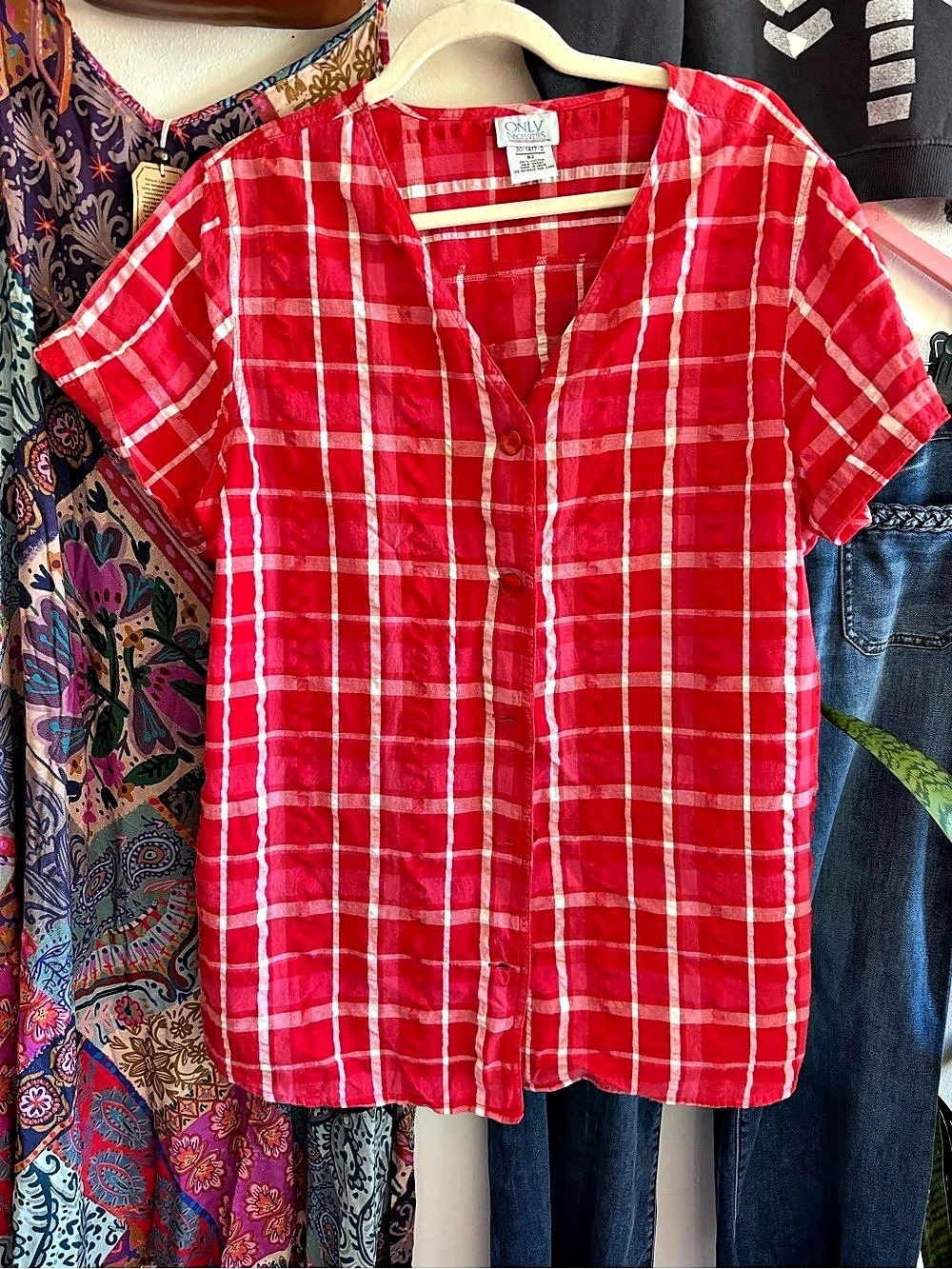 Vintage Only Necessities Plaid Cotton Blouse in Red & White Size B2